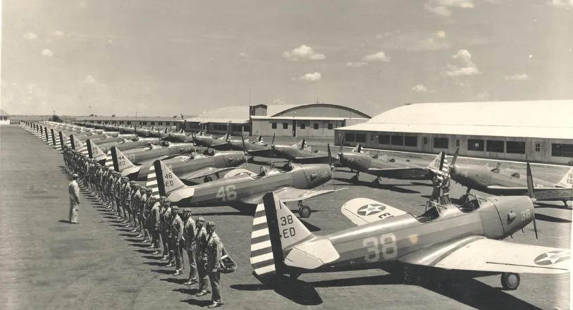 Mustang Field flight line with cadets and trainers, 1943