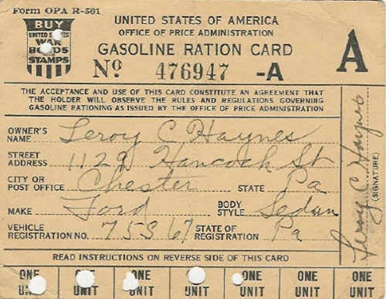 WWII Gasoline Ration Card — The OPA’s T-1 Transport Mileage Ration card. “A” sticker holders received just 3 gallons per week. Public Domain via DPLA / Wikimedia Commons
